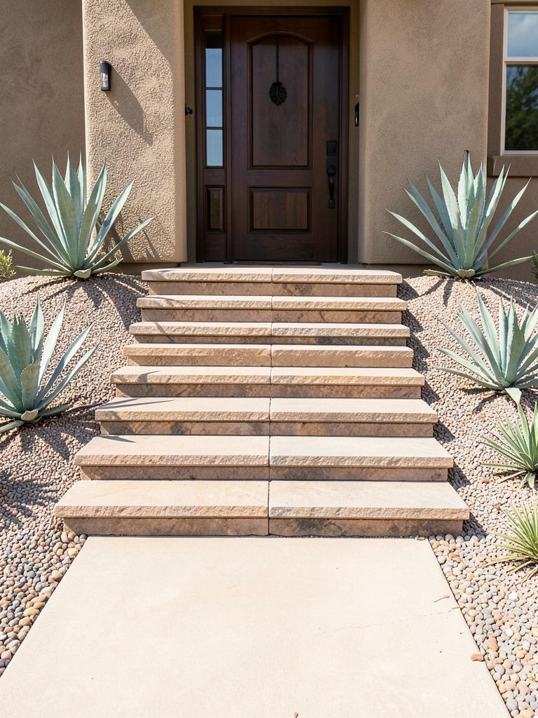 Stone paver entry steps with agave plantings