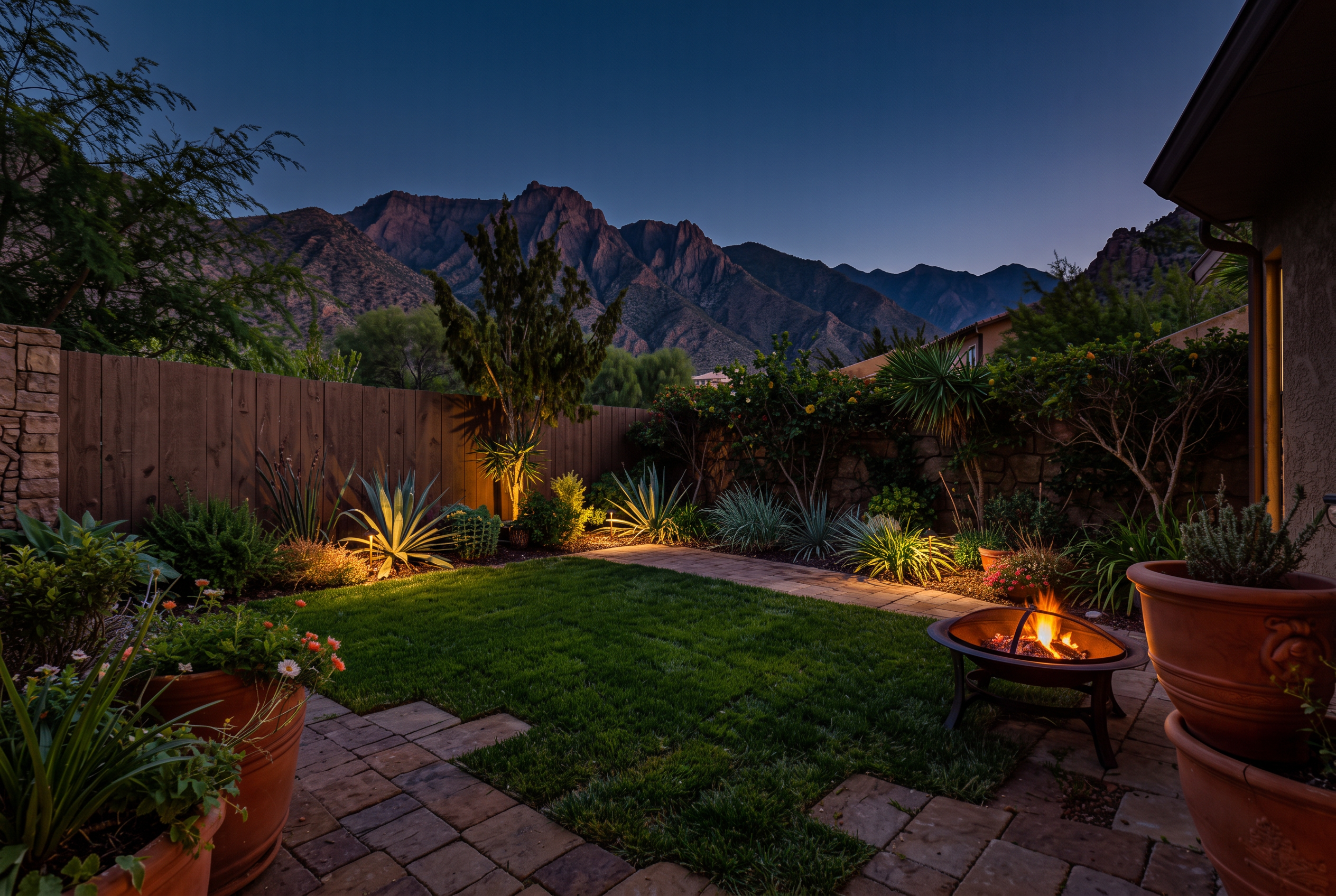 Arizona backyard at dusk with a lit fire pit and glowing landscape lights