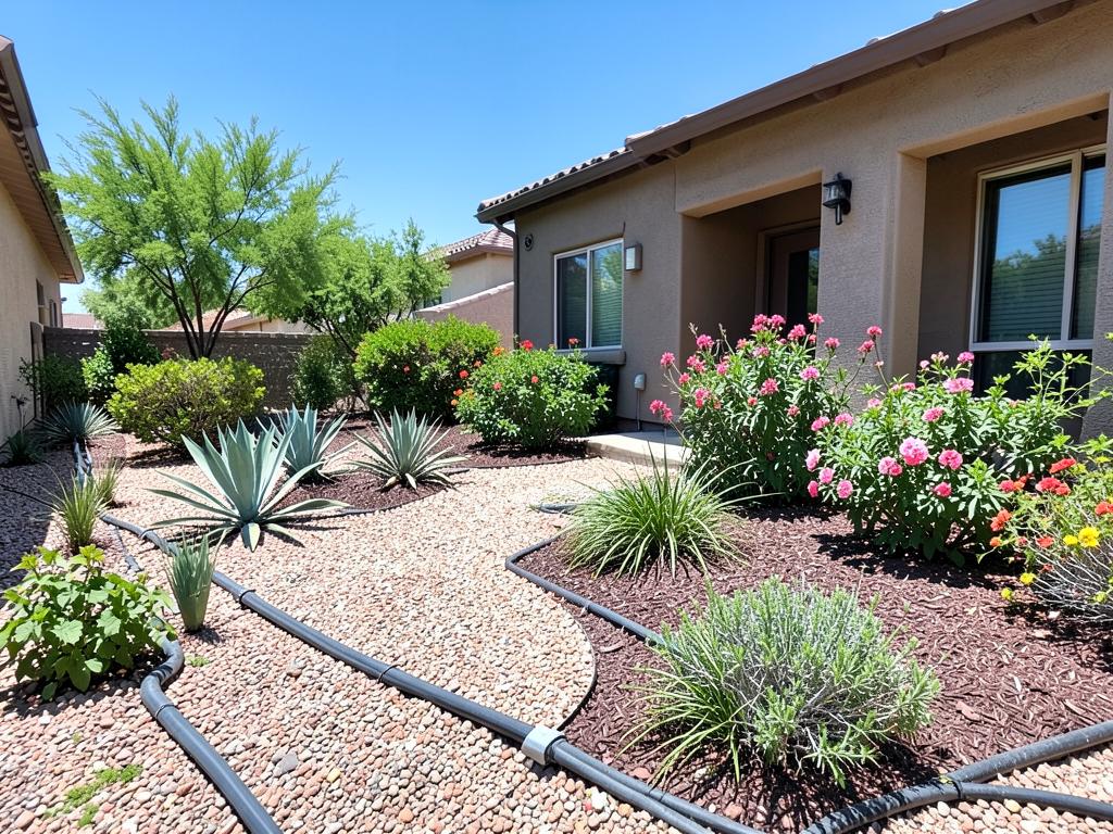 Freshly landscaped Arizona yard with drought-tolerant plants and gravel beds